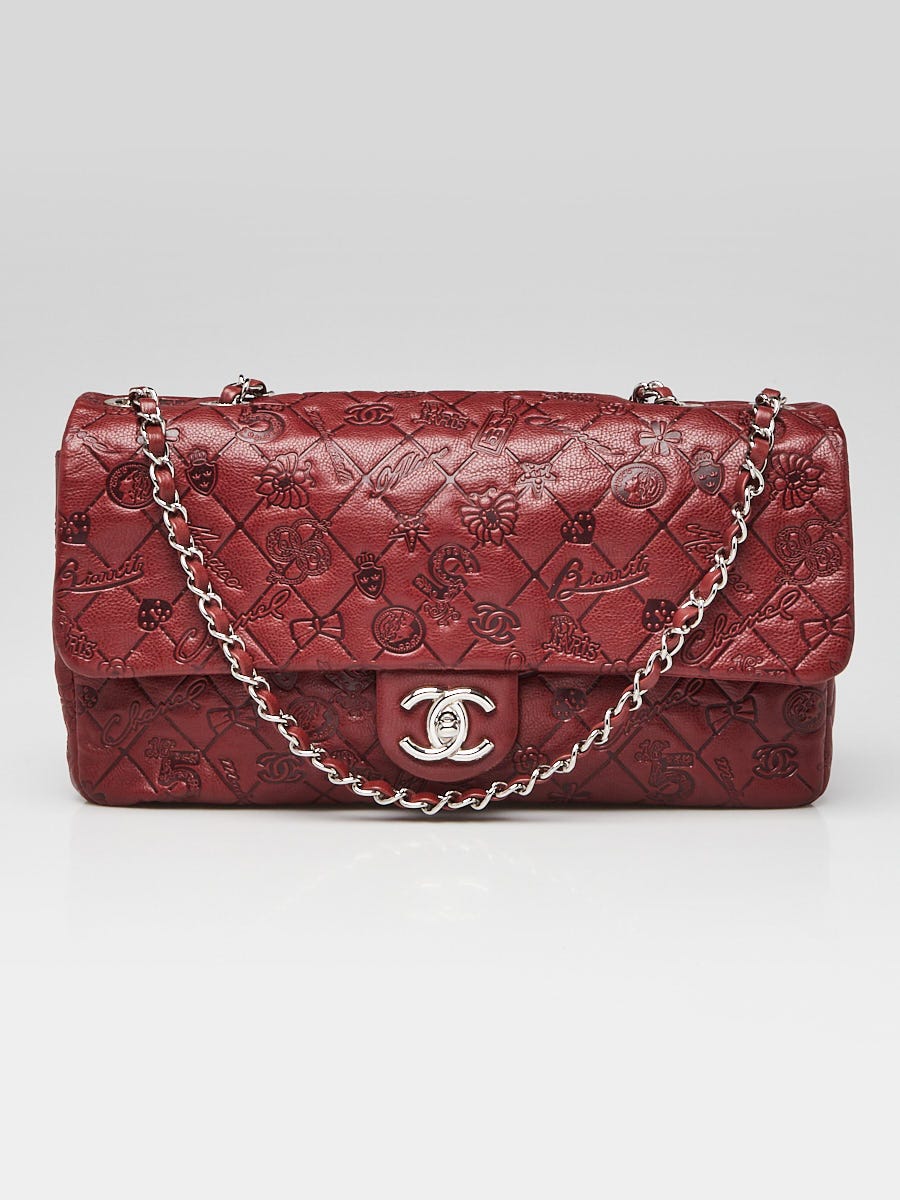 Chanel Dark Red Leather Embossed Lucky Symbols Jumbo Single Flap