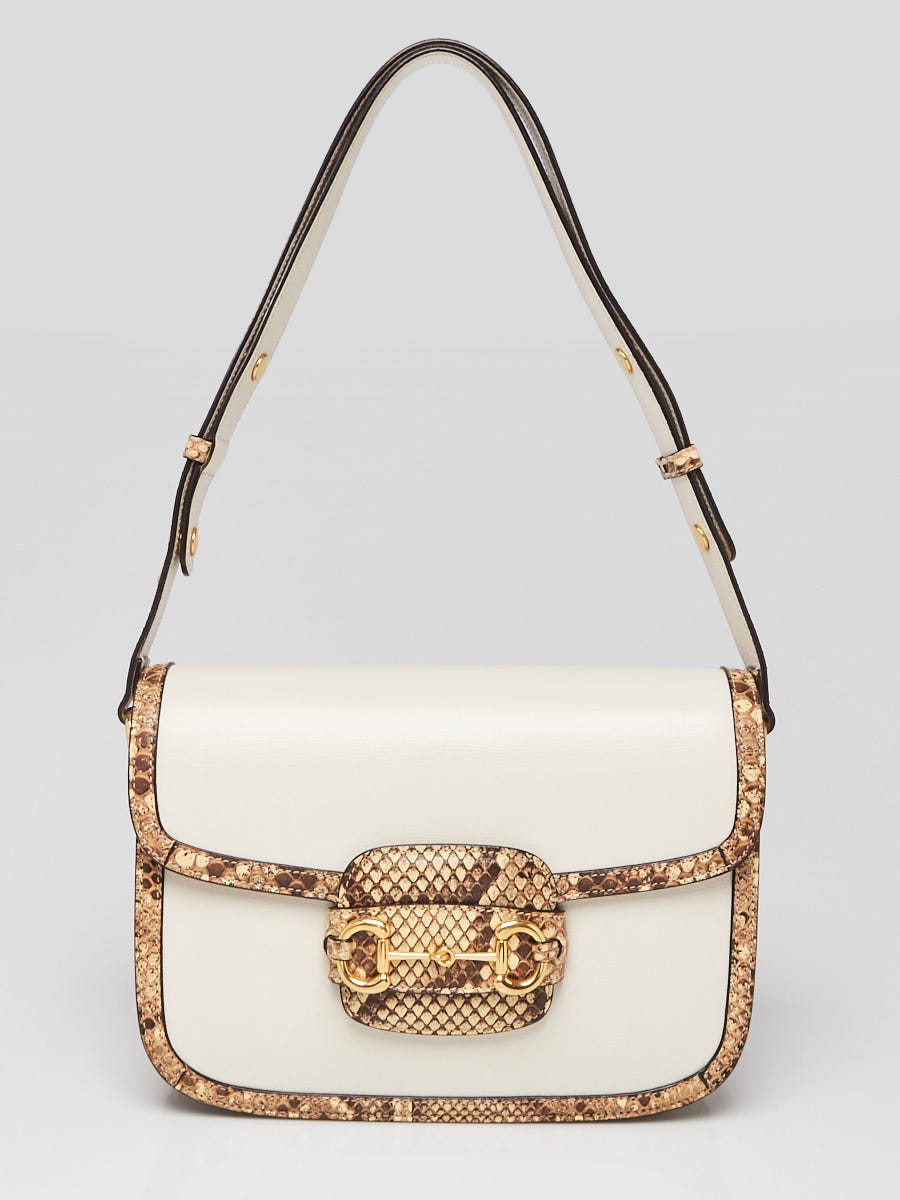 Gucci White/Beige Leather/Snakeskin 1955 Horsebit Shoulder Bag