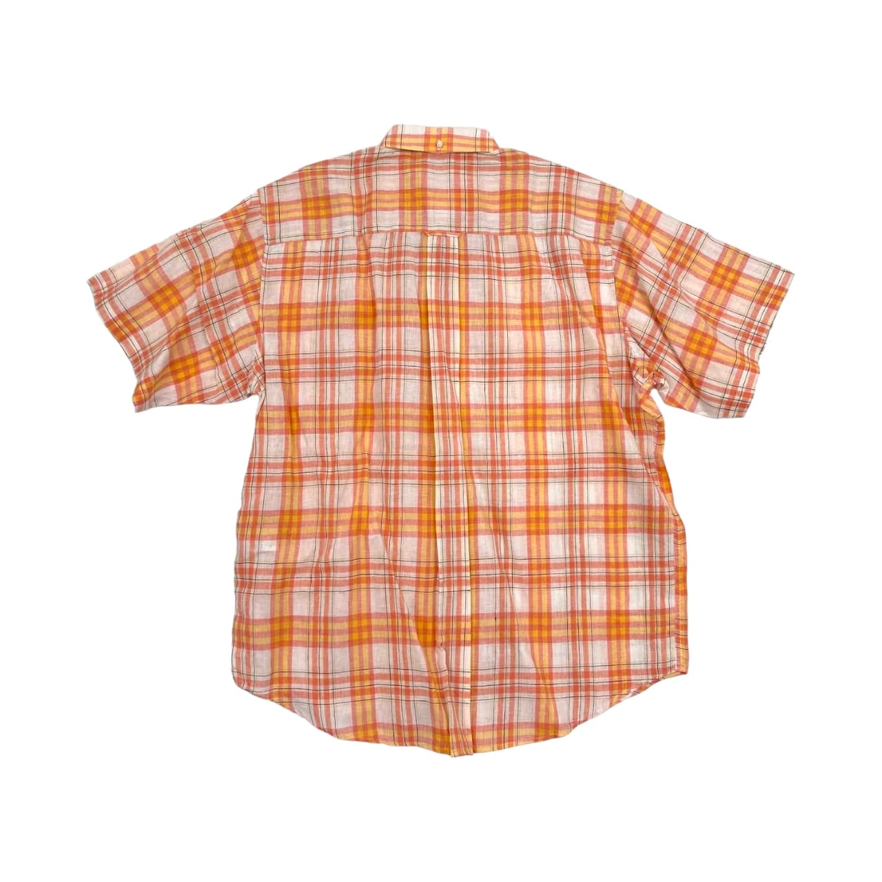 リネン100%◇Papas パパス チェック柄 半袖 ボタンダウン BD シャツ M
