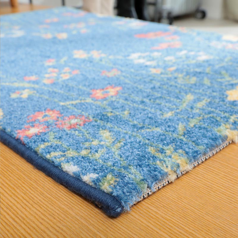 玄関マット 花柄刺繍ネイビーブルー ラグ 玄関マット 花柄刺繍ネイビー