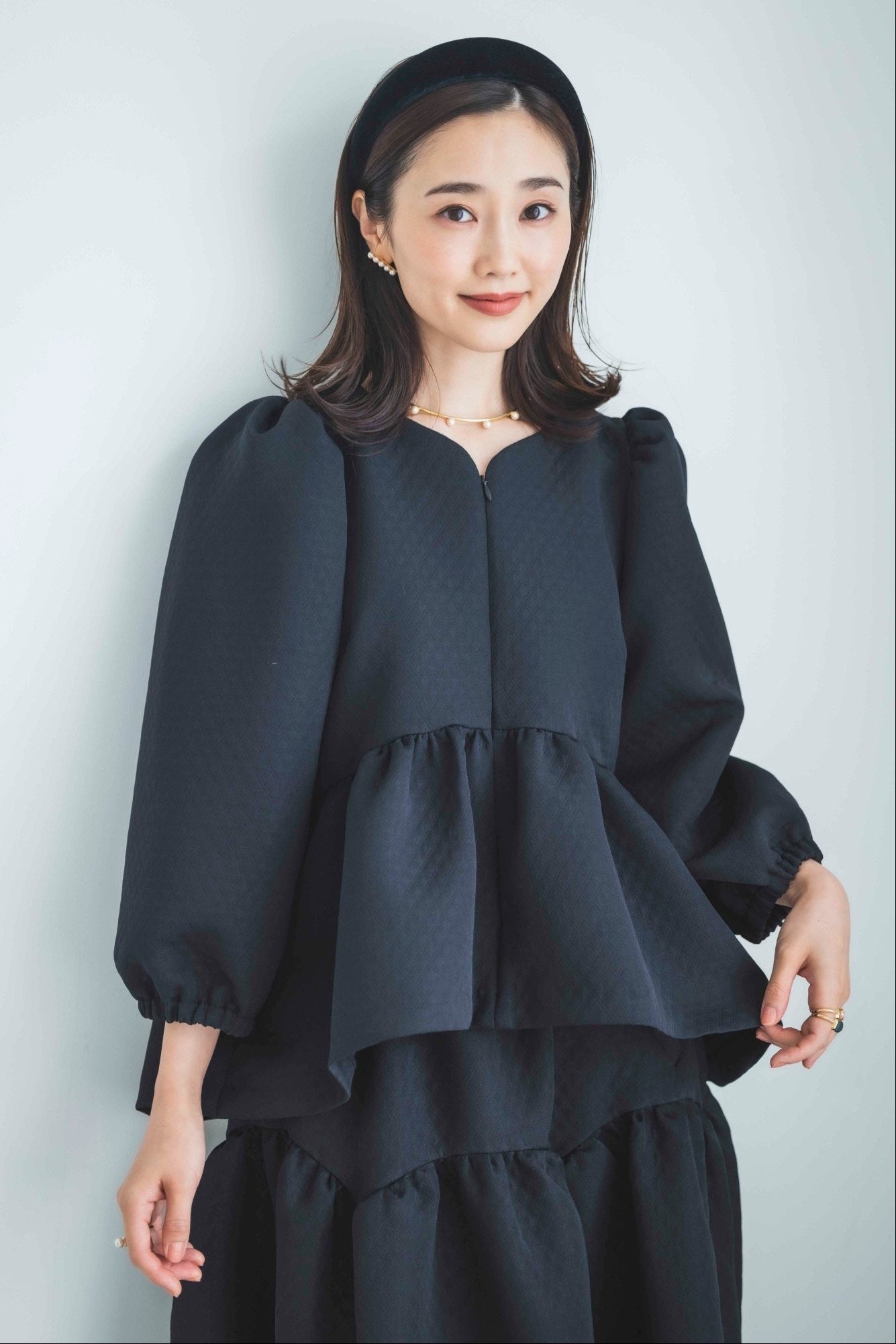 ハートカッティング キルティング長袖トップス（ブラック）【お上品な