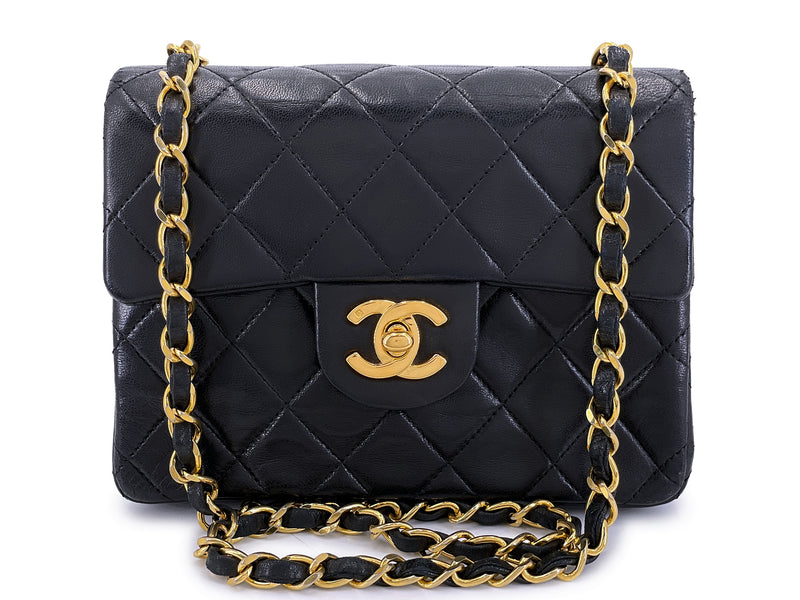 Chanel 1990 Vintage Black Square Mini Flap Bag 24k GHW Lambskin