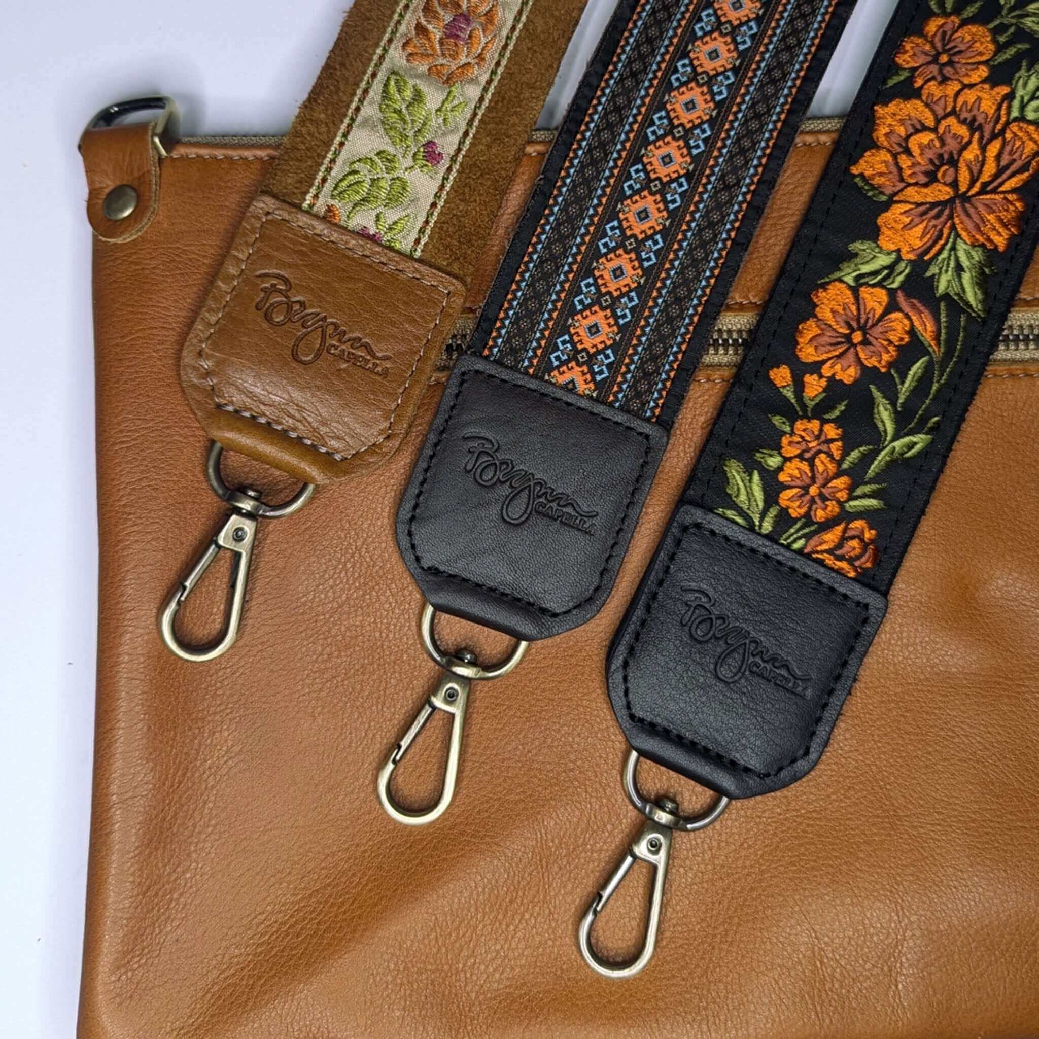 Guitar Strap Purse, Orange floral print - leather
