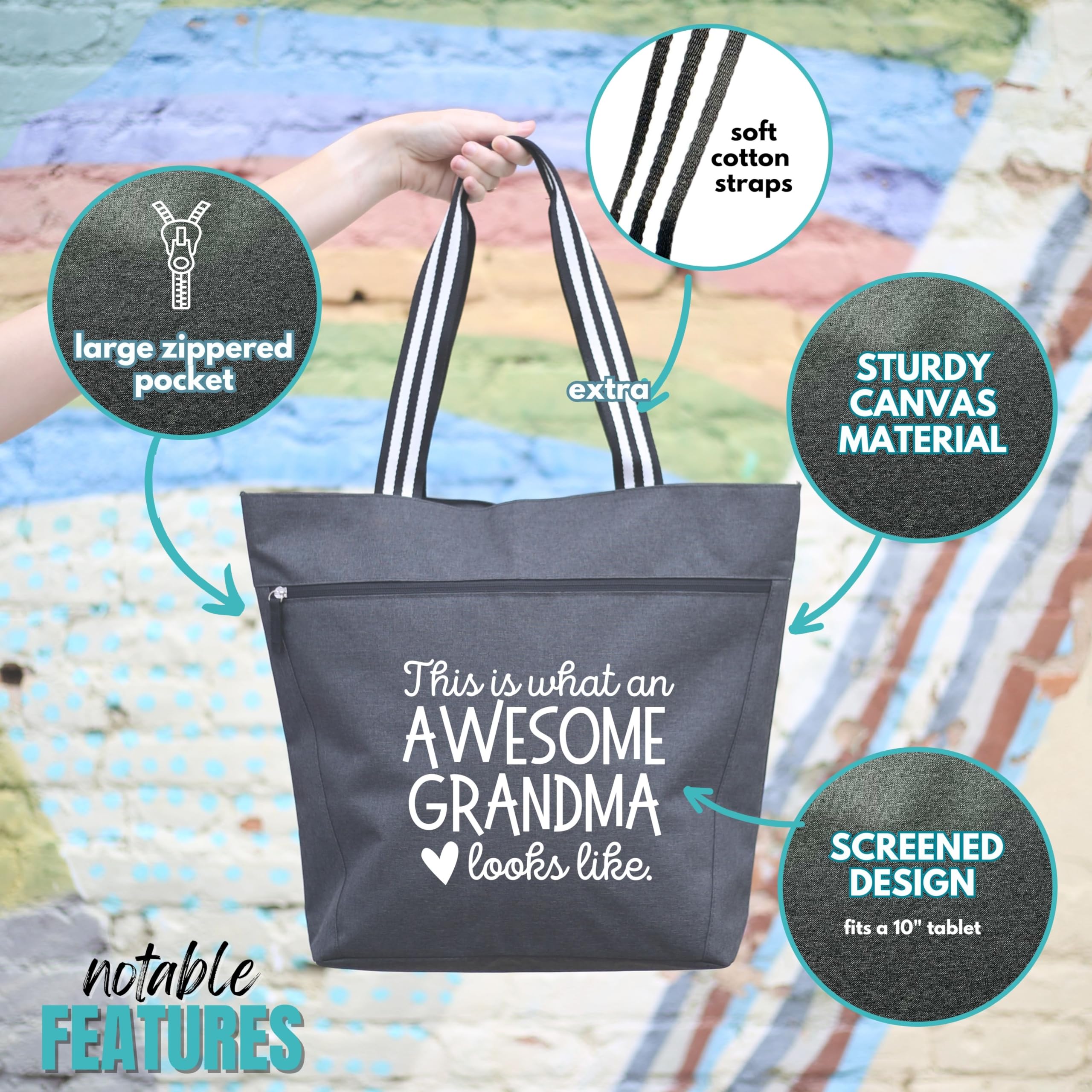 Large Zippered Tote Bag with Pockets for Grandmas, Grandmother