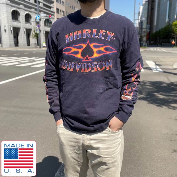 ハーレーダビッドソン スート柄 ファイヤーパターン 長袖Tシャツ 紺系
