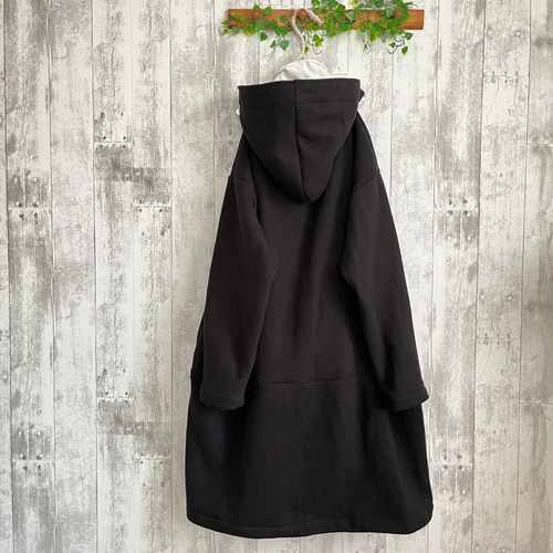 春秋黒裏起毛ニットフード付きロングカーディガン スプリングコート