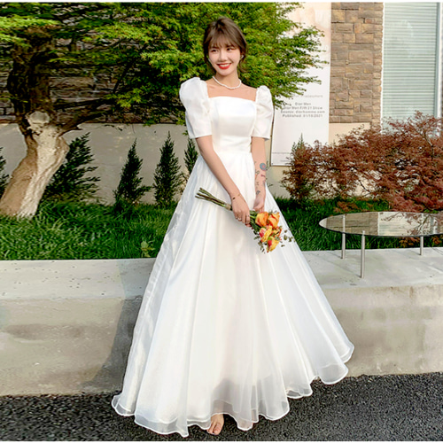 ウエディングドレス サテン Aライン 前撮り 半袖 ドレス ホワイト