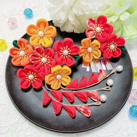 七五三 つまみ細工 髪飾り(赤 秋 オレンジ) 銀ビラ 3才 7才 753 三歳