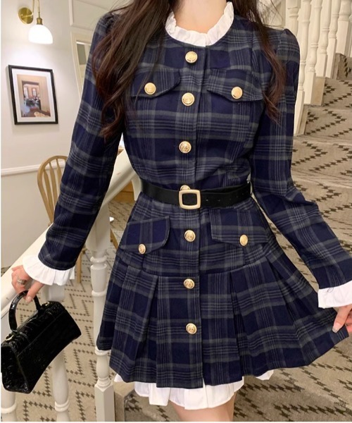 チェック柄ミニワンピース 長袖 マッドパンク MADPUNKS チェック柄ミニ