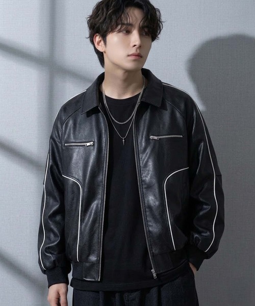セール】パイピングラグランレザージャケット（ブルゾン）｜MONOCHROME
