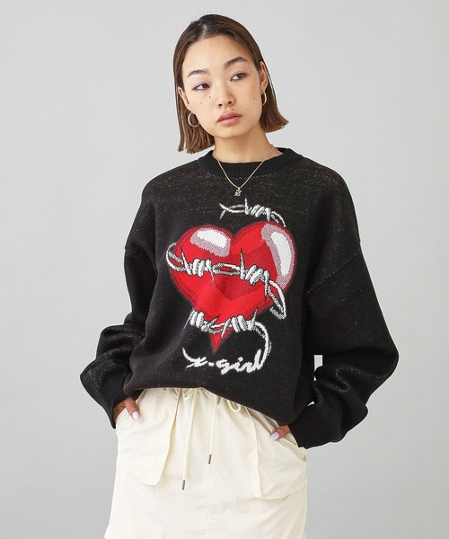 X-girl（エックスガール）の「HEART BARBED WIRE JACQUARD KNIT TOP