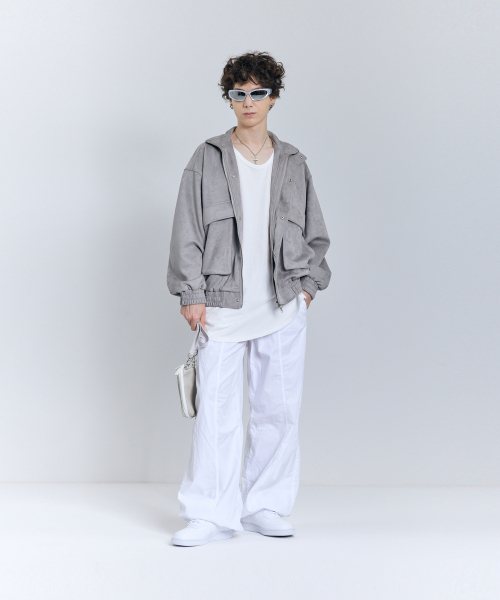 セール】87-STAN011 ハイネックポケットスエードジャケット グレー