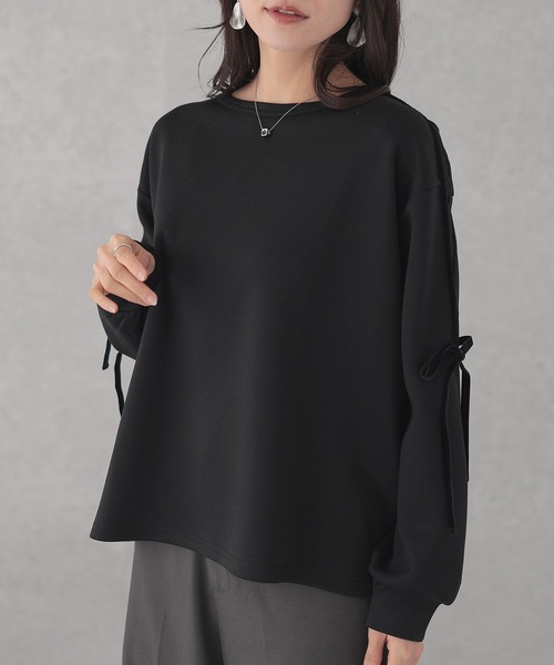 クルーネック 袖リボン オーバーサイズ 長袖 トップス（Tシャツ