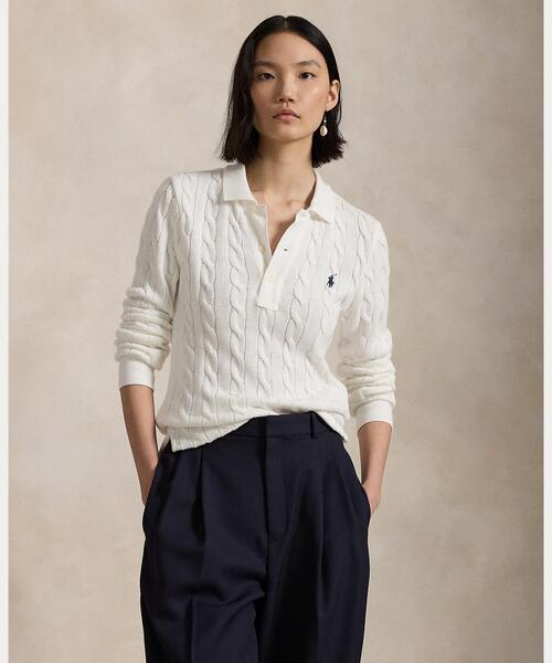 ケーブルニット コットン ロングスリーブ ポロシャツ（ポロシャツ