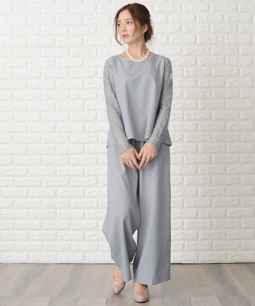 セール】ウエストリボン付きレース袖ワイドパンツドレス・セットアップ