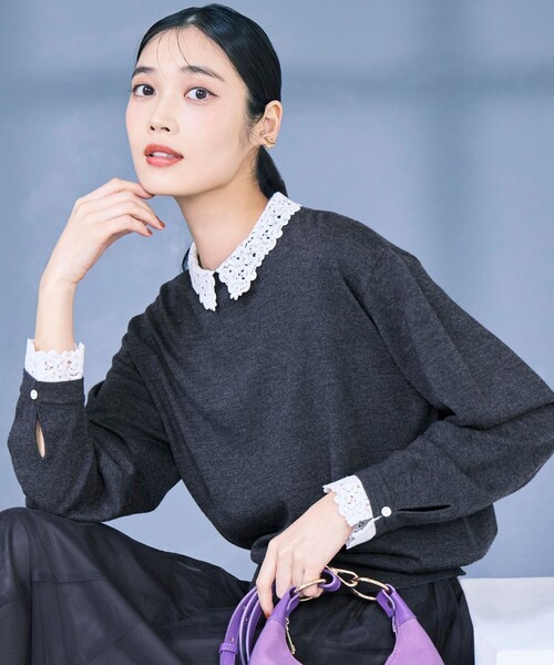 セール】【洗える】エンブロイダリー フラワーレースコンビ ニット