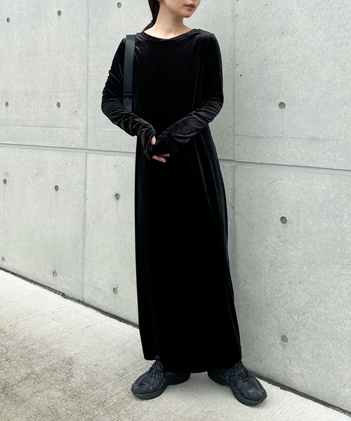セール】フィンガースリーブベロアロングワンピ―ス（ワンピース
