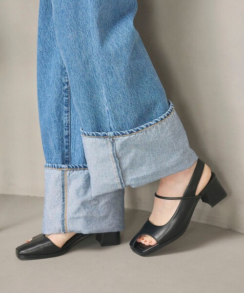 レザーライク オープントゥ バックストラップミュール（サンダル