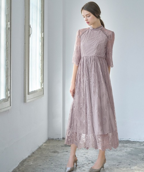 セール】ハイネック5分袖総レース フレア ロング 結婚式 ワンピース