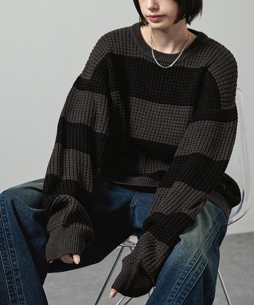 Alfred Alex】ボーダーバルキーワッフル オーバーサイズニット（ニット