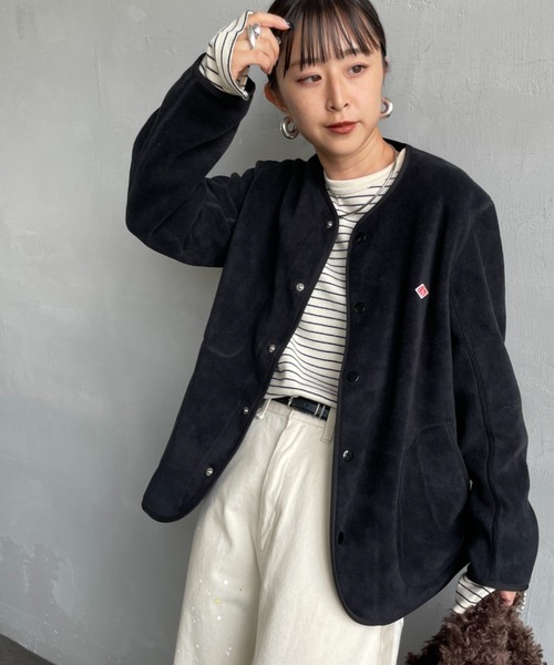 DANTON ダントン フリースノーカラージャケット ブラック 黒 胸ロゴ