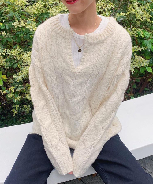 Hug O War クロスアンドクロス アルパカミックスケーブル編みニット