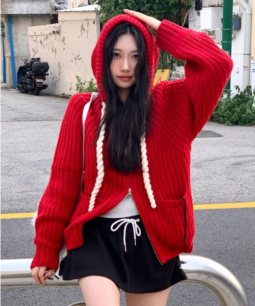 ROPE HOOD ZIP-UP KNIT RED（パーカー）｜YOUHEE（ユヒ）の