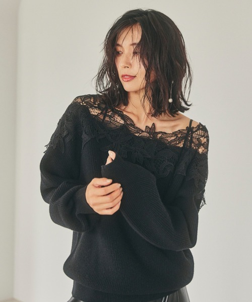 FRAY I.D（フレイアイディー）の「レーストリムオフショルニット