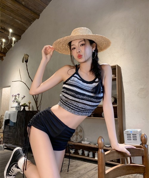 セール】レディース水着 ボーダー ハイウエスト ビキニ 3点セット