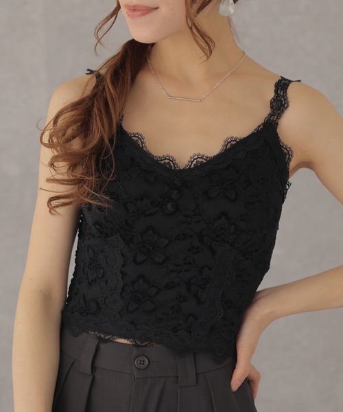 セール】くるみボタン付き 花柄 レース カップ付き キャミソール