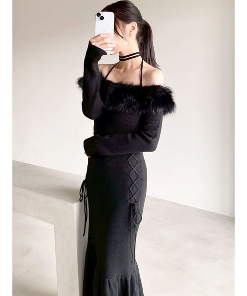 セール】フェイクファートリムニットワンピース（ワンピース