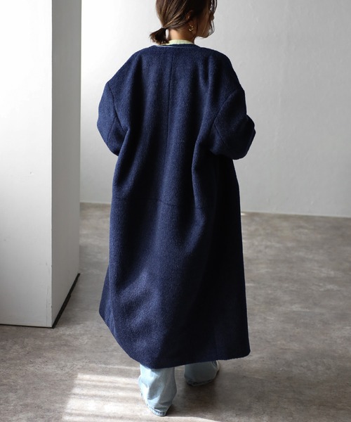 パイピングシャギーロングコート（ノーカラーコート）｜Bonjour Sagan