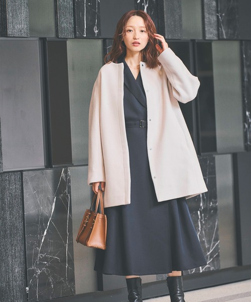 セール】【PECOLAMB】 ウールメルトンノーカラーコート（ノーカラー