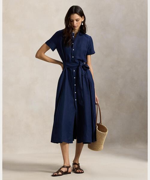 ベルテッド シルクブレンド Aライン ドレス（シャツワンピース）｜POLO