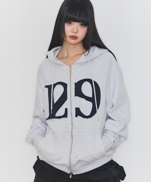 129 ロゴパッチ フードパーカー ジップアップ ホワイトメランジ