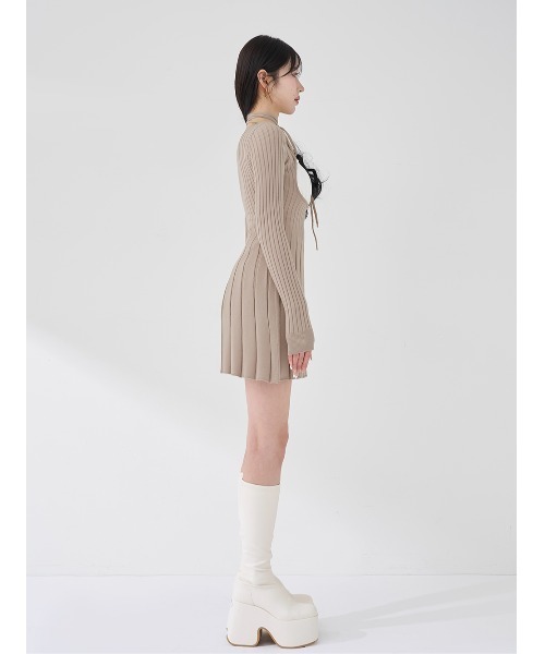 ネックリボンデザインフレアニットミニワンピース（ワンピース