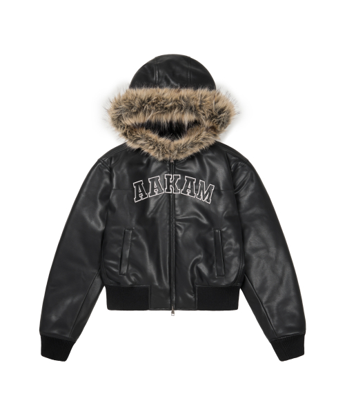 セール】Hooded Fur Leather Jacket (Black)（ライダースジャケット