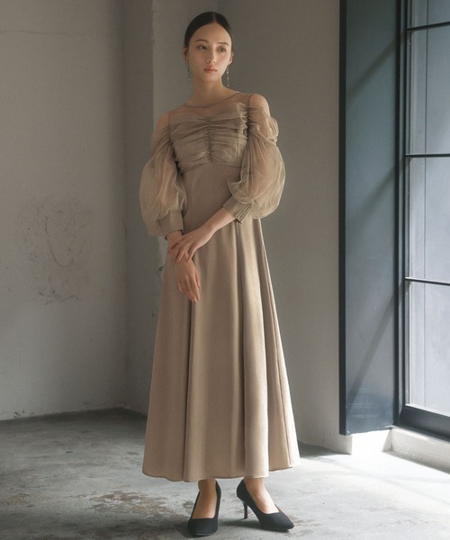 セール】オープンショルダーチュールギャザー フレアロング 結婚式