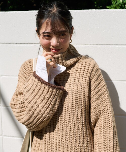 セール】畦配色 タートルニット/ハイネックニット（ニット/セーター