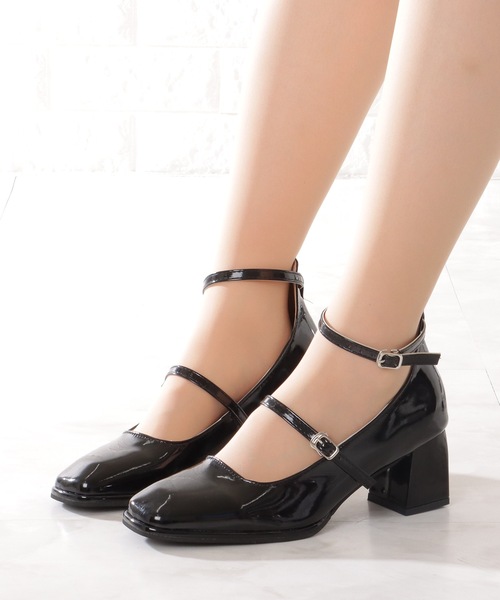 セール】チャンキー ダブル ストラップ ハイヒール パンプス（パンプス