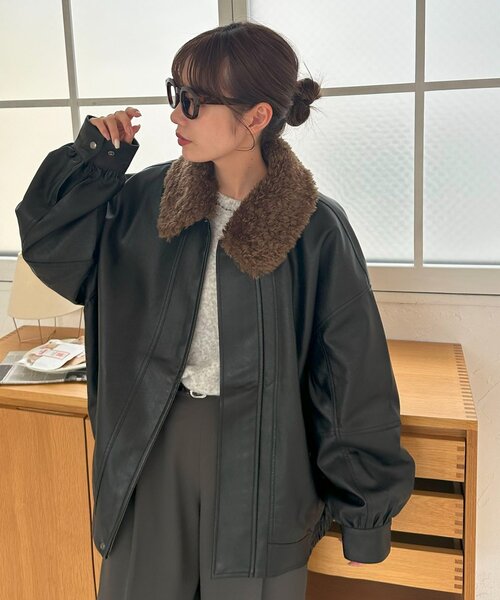 衿取り外し可能/ユニセックス】ボア衿付きフェイクレザーブルゾン