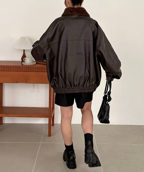 衿取り外し可能/ユニセックス】ボア衿付きフェイクレザーブルゾン