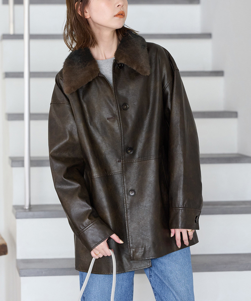 追加2》ウォッシャブルフェイクレザーファー襟付カバーオール