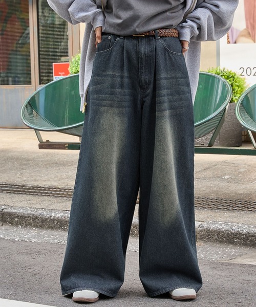 ヴィンテージライクオーバーダイワイドフレアデニムパンツ MONO-MART