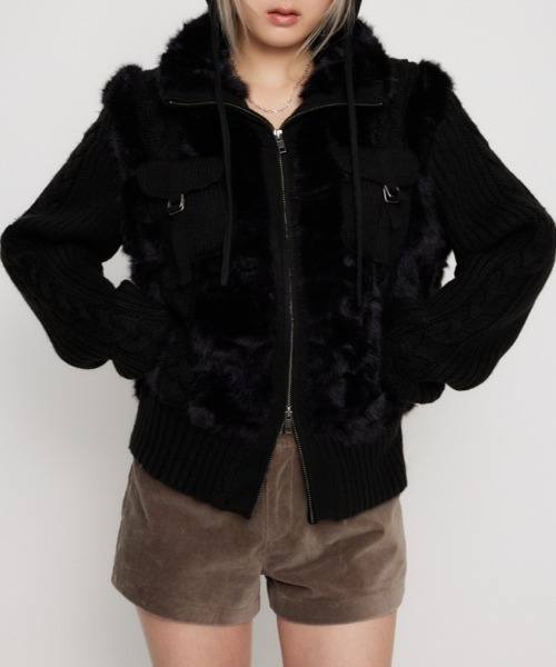 LAGUA GEM CABLE KNIT FAUX FUR ブルゾン 黒 CABLE KNIT FAUX FUR