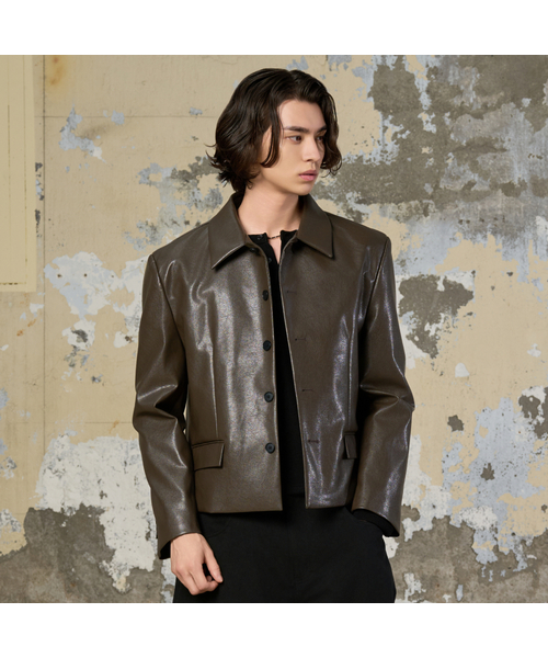 25 FW マッカラ クロップジャケット_レザー (スモーキーカーキ