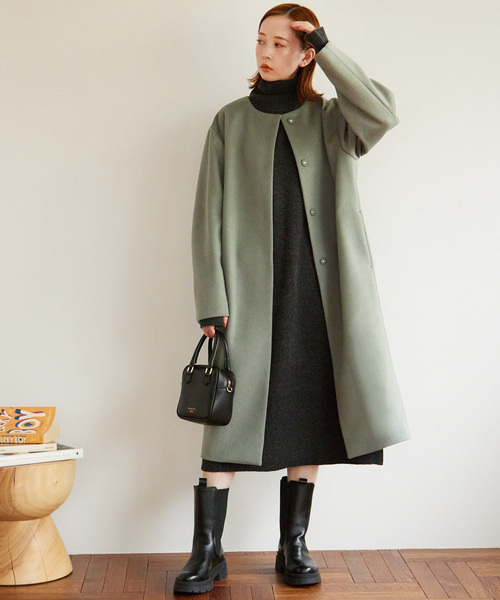 セール】□別注LANA WOOL 140 クルーネックコート（ノーカラーコート