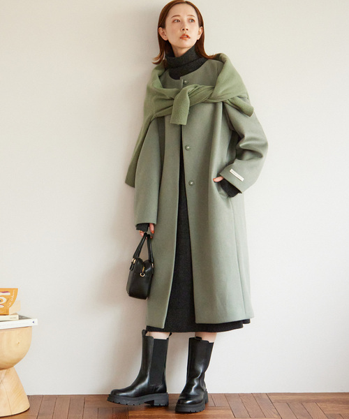 セール】□別注LANA WOOL 140 クルーネックコート（ノーカラーコート