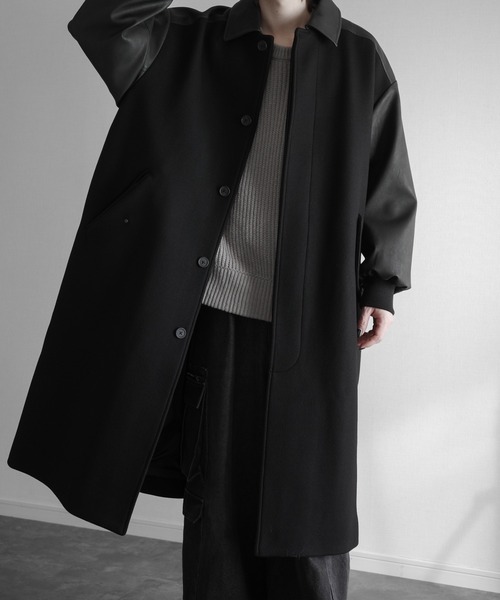 Super 120's Lamb wool Combination Long Balmacaan Coat - Super120's