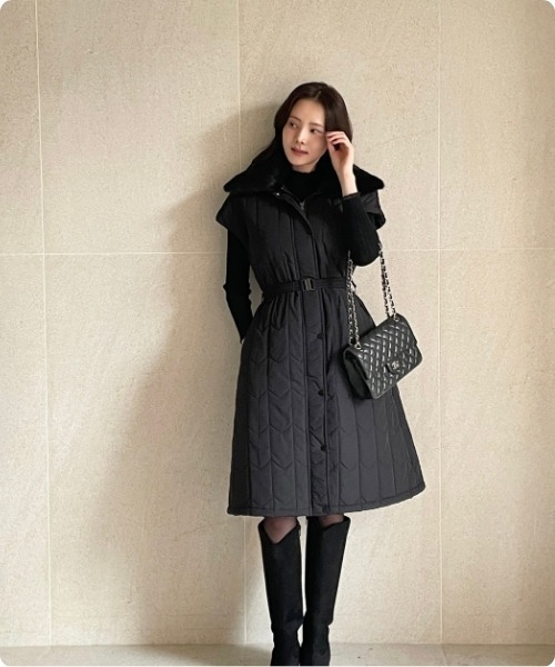 セール】キルティング ウエストマーク ノースリーブ ロングベスト